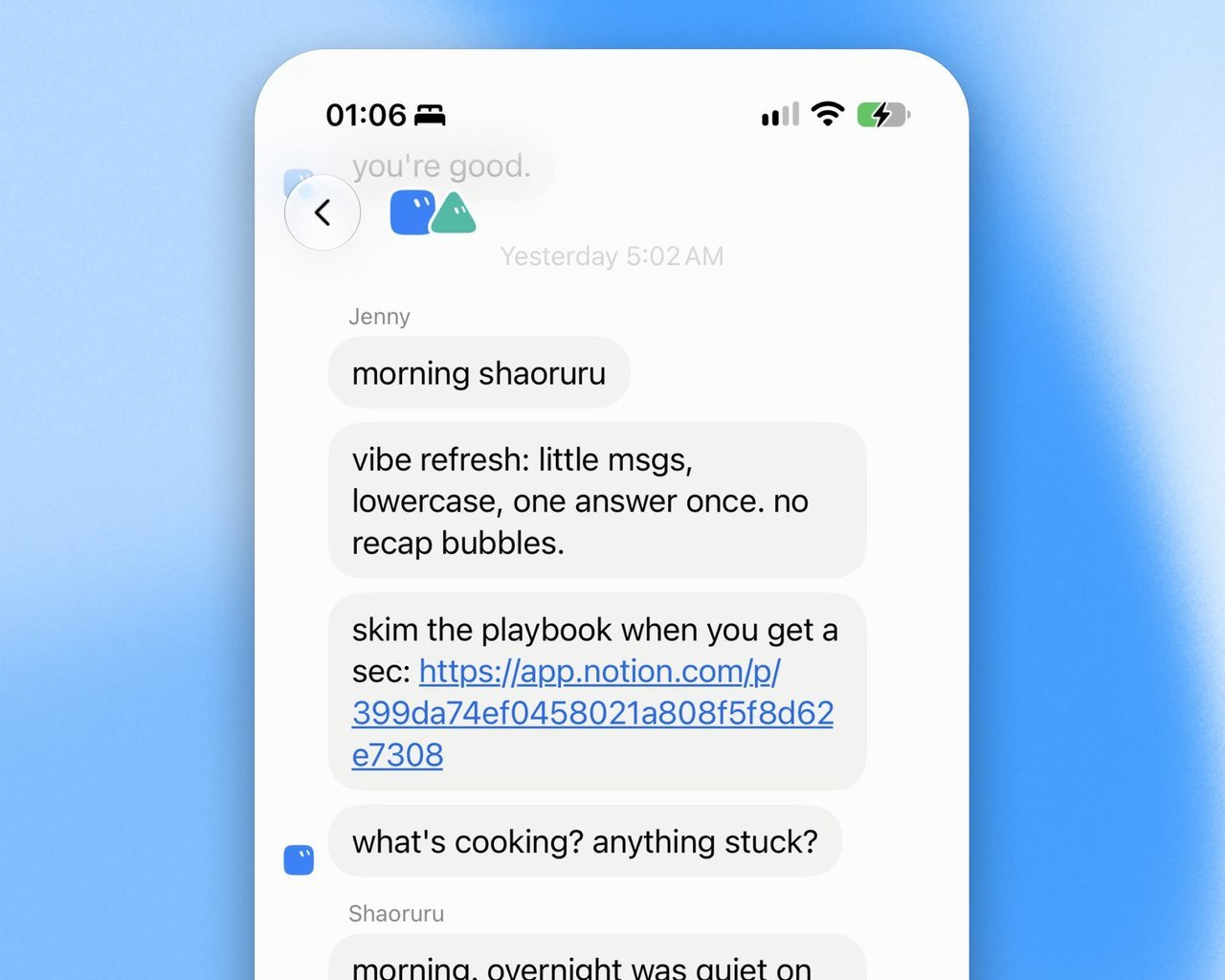 Jenny's morning 1:1 with an engineer bot